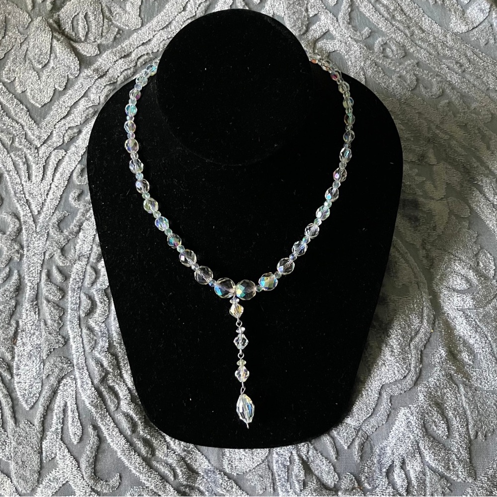 Vintage 50s Clear Crystal Aurora Borealis AB Iridiescent Glass Beaded Y Necklace - Picture 1 of 9
